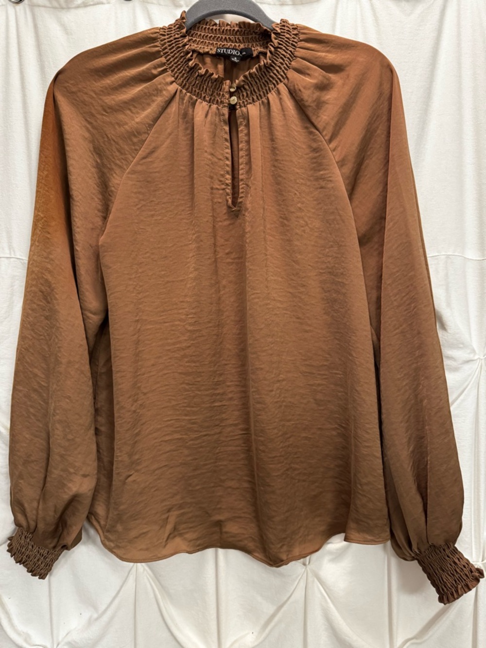 Studio Brown Smocked-Neck Peasant Blouse Small